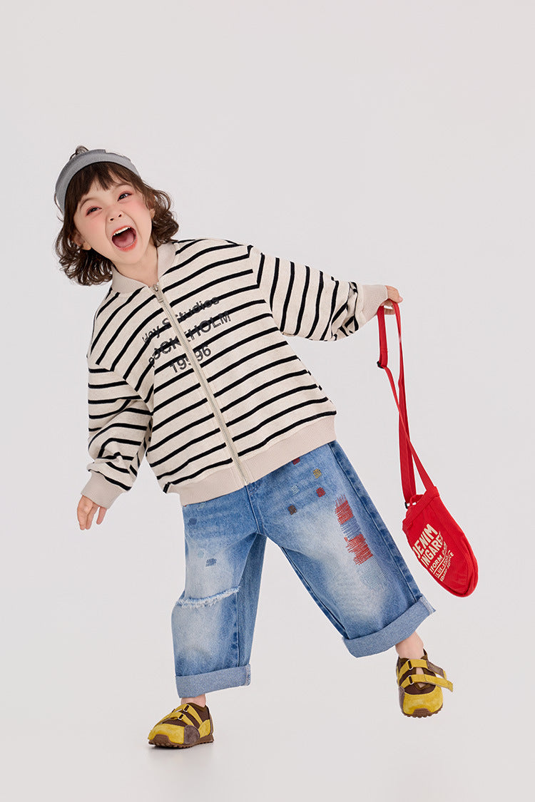 【90-150cm】迷彩條紋字母針織棒球外套