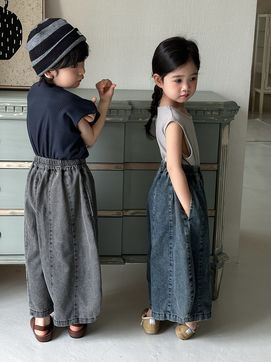 【80-140cm】拼接牛仔褲彎刀褲八分褲