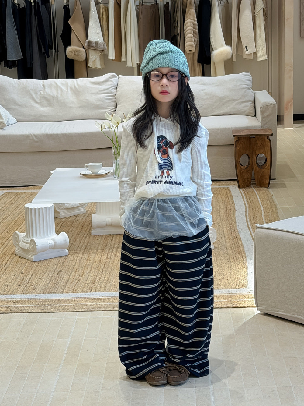 【100-160cm】輕薄寬鬆條紋闊腿褲