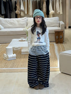 【100-160cm】輕薄寬鬆條紋闊腿褲