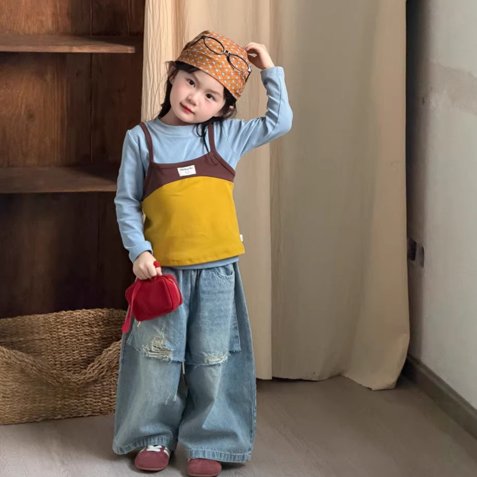 【90-140cm】拼色吊帶兩件套裝