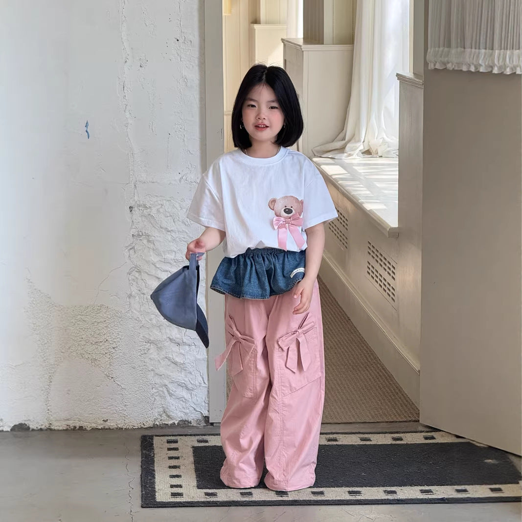 【120-160cm】韓版口袋大蝴蝶結工裝褲