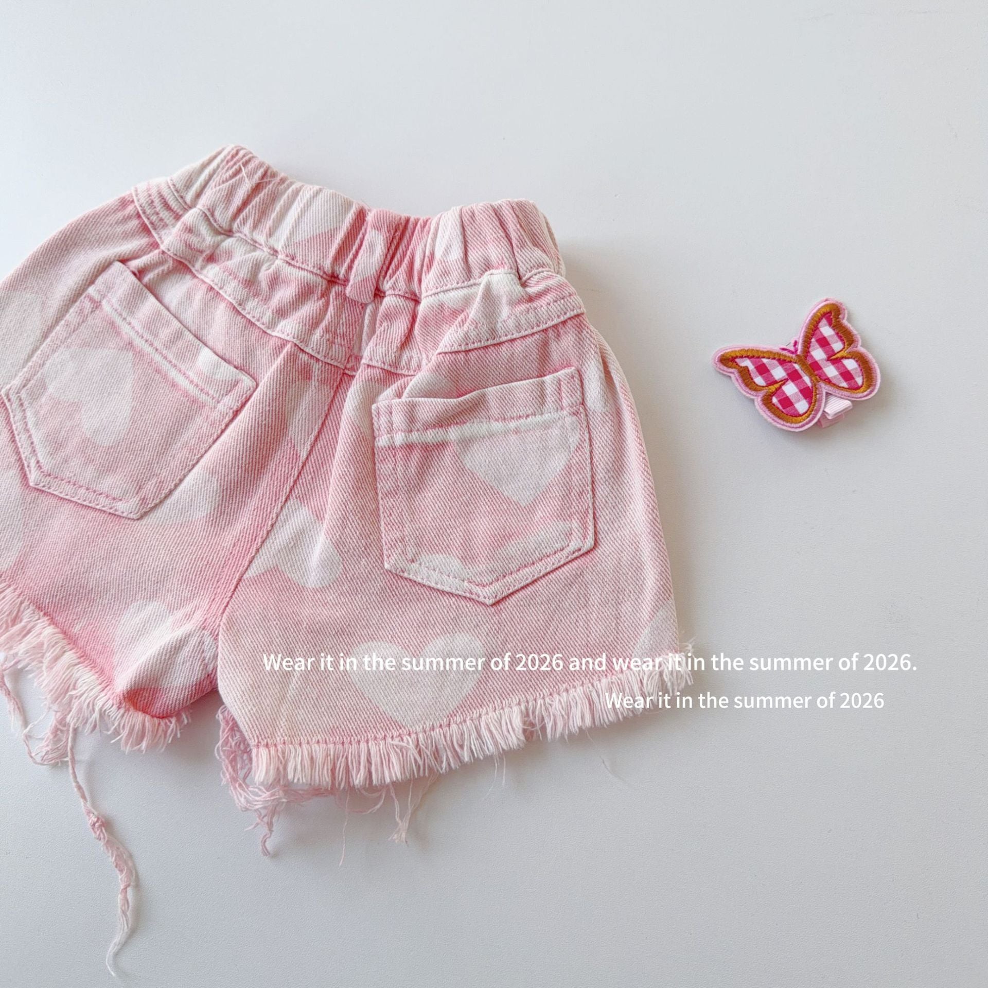 【90-150cm】粉色毛邊破洞牛仔褲