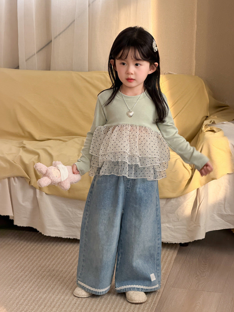 【90-140cm】(2色)波點網紗拼接公主蓬蓬裙上衣