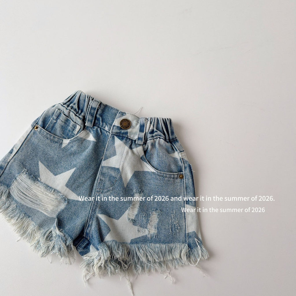 【90-150cm】毛邊破洞五角星熱褲