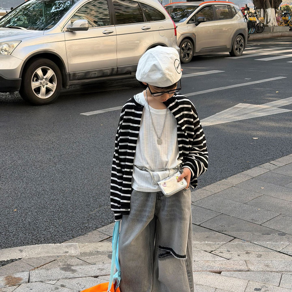 【90-160cm】韓版休閒針織防曬條紋開襟外套