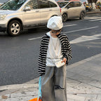 【90-160cm】韓版休閒針織防曬條紋開襟外套