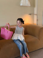 【100-160cm】條紋拼接荷葉邊背心