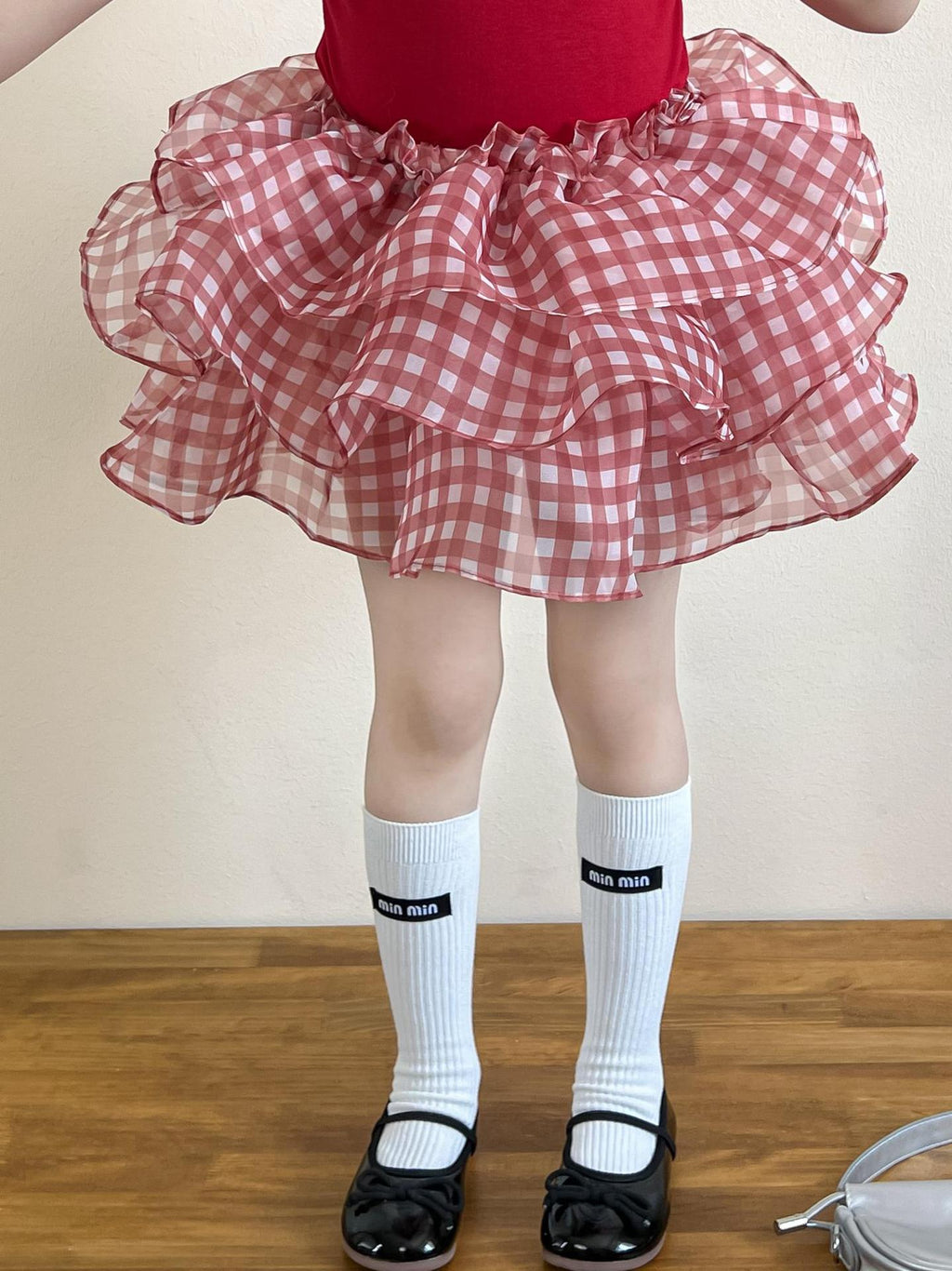 【90-140cm】甜美小飛袖背心｜+紅格蛋糕短裙(帶安全褲)