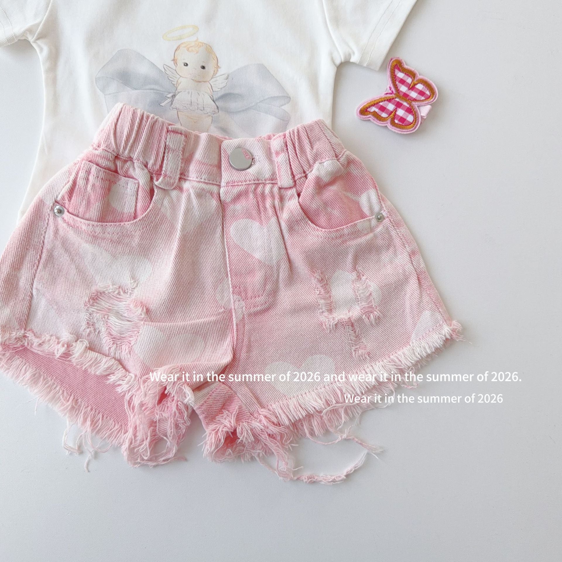 【90-150cm】粉色毛邊破洞牛仔褲