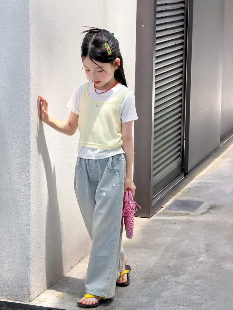 【100-170cm】萊賽爾撞色疊穿假兩件Ｔ