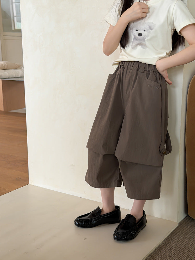【100-170cm】質感雙層設計感寬鬆休閒隨性工裝七分褲