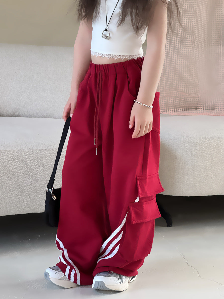 【100-150cm】美式織帶拼接設計嘻哈街舞闊腿褲