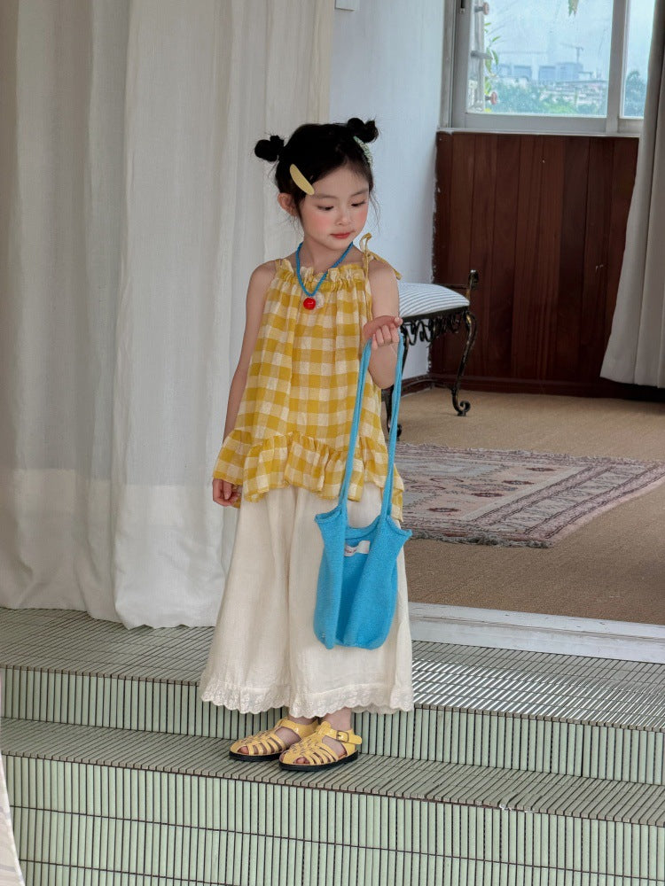 【90-150cm】格子花邊背心 | 棉麻花邊九分褲