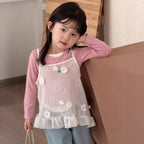 【90-140cm】蕾絲花朵鏤空網吊帶上衣 | 拼色假兩件彈力打底衫