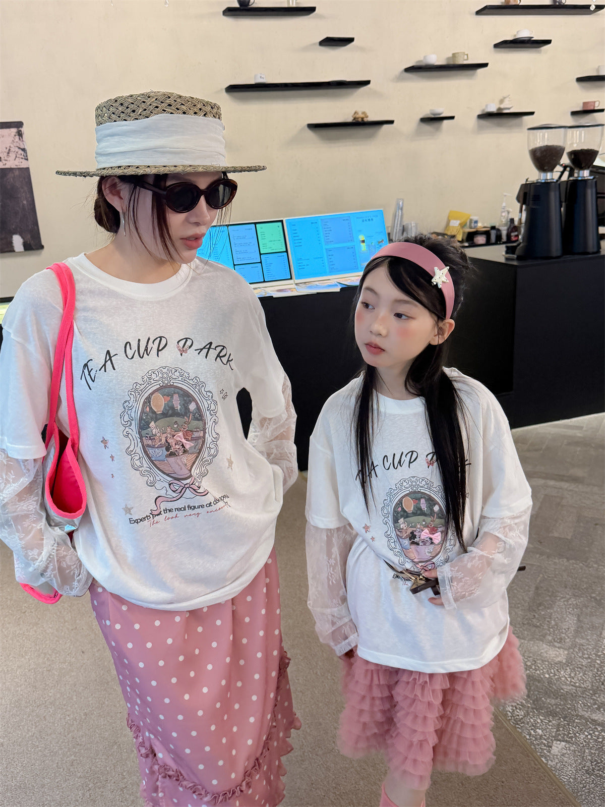 【100-160cm】【親子裝】假兩件蕾絲長袖防曬T