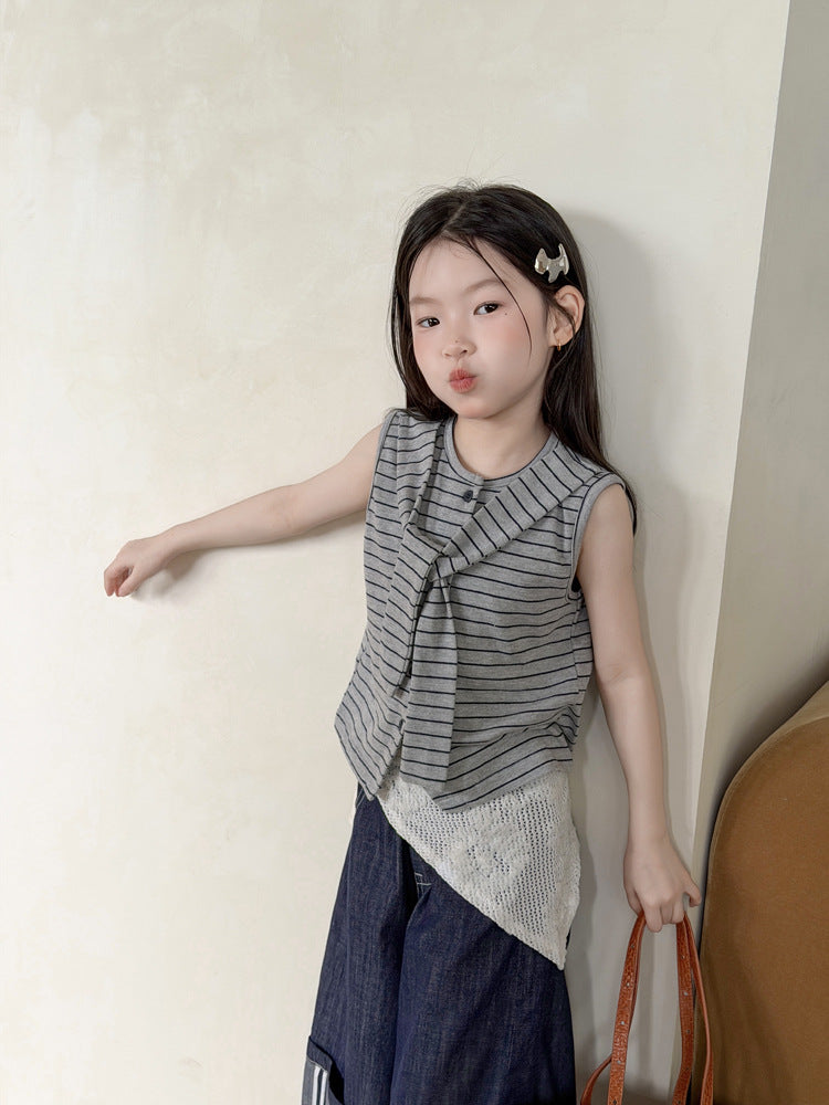 【100-170cm】韓系學院風假兩件披肩條紋背心