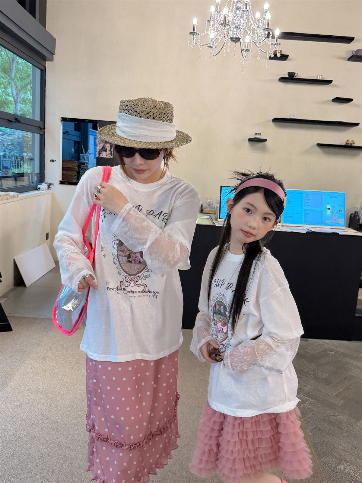 【100-160cm】【親子裝】假兩件蕾絲長袖防曬T