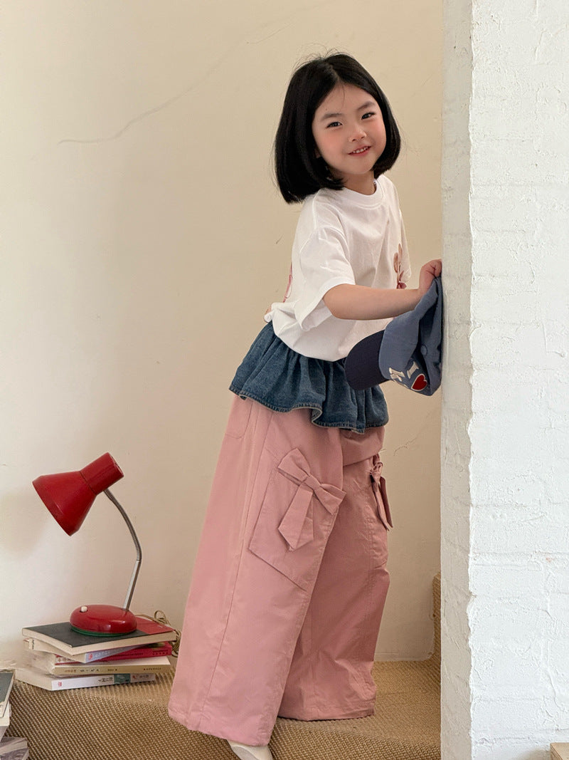 【120-160cm】韓版口袋大蝴蝶結工裝褲