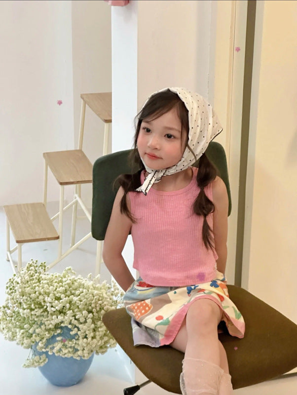 【90-140cm】坑條背心兒童彈性無袖上衣打底衫 | 印花半裙