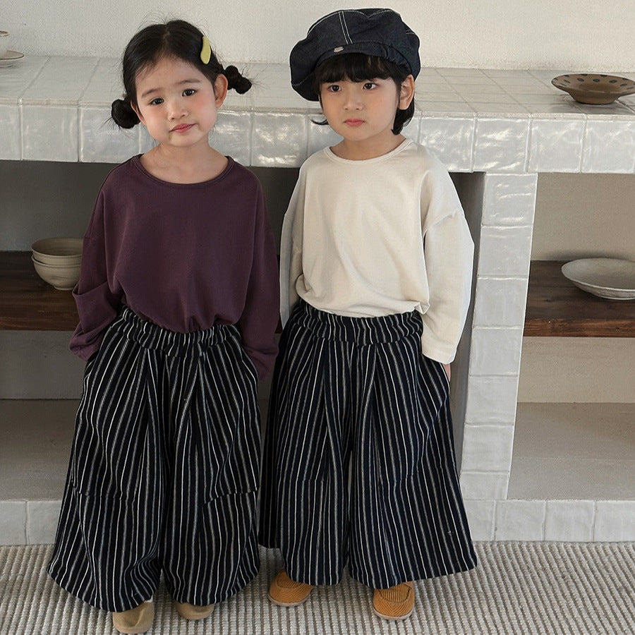 【80-140cm】豎條紋復古闊腿褲
