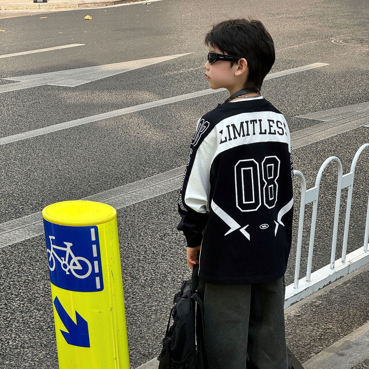 【90-160cm】帥氣街頭寬鬆撞色長袖純棉T