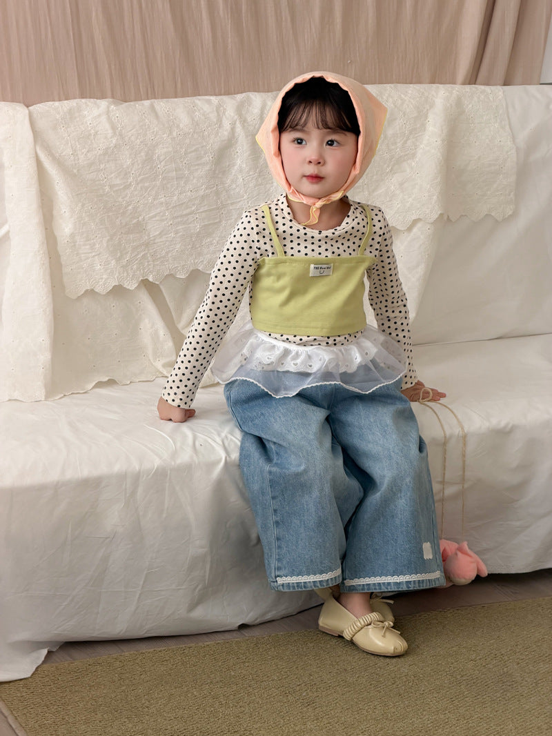 【90-140cm】韓版蕾絲花邊牛仔直筒褲