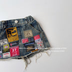 【90-150cm】(帶安全褲)拼接刺繡牛仔短裙