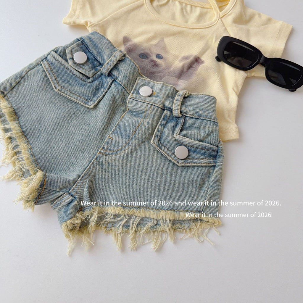 【90-150cm】復古毛邊包臀熱褲