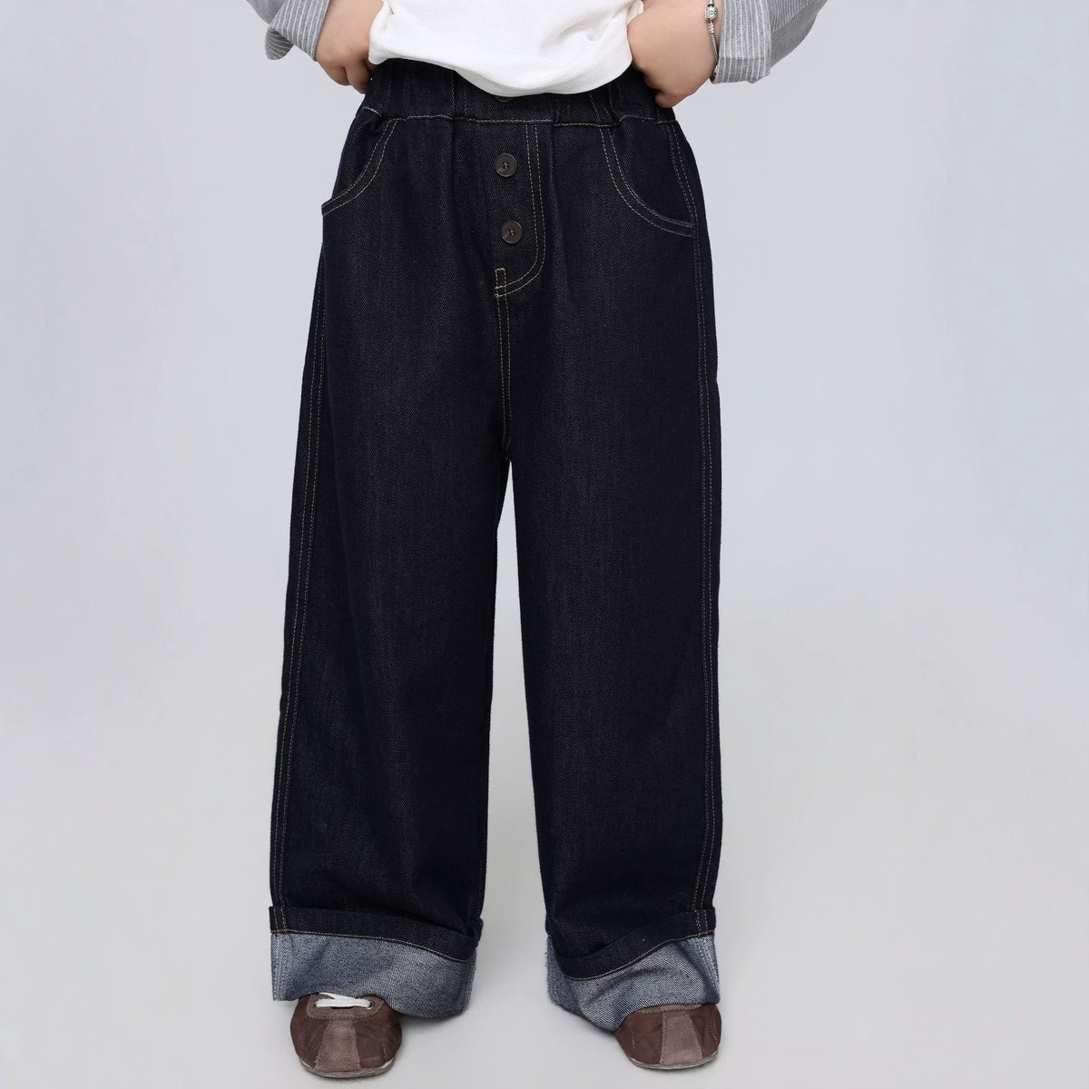 【100-150cm/M.L】親子裝 翻邊直筒牛仔長褲