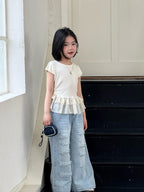 【120-160cm】彈性荷葉邊拼接短袖上衣