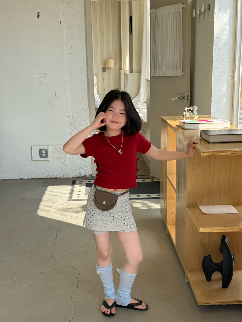 【120-160cm】韓版甜美側邊蝴蝶結短T