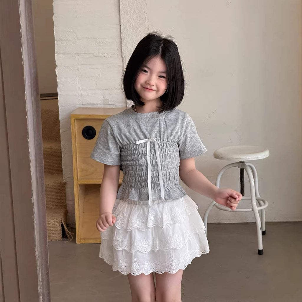 【120-160cm】韓版蝴蝶結彈性緊身短袖