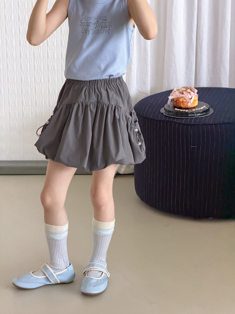 【100-170cm】甜美可愛雙側抽繩褶皺花苞短裙