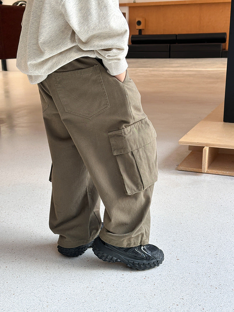 【100-170cm】水洗全棉帥氣口袋工裝褲