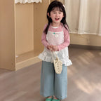 【90-140cm】蕾絲花朵鏤空網吊帶上衣 | 拼色假兩件彈力打底衫