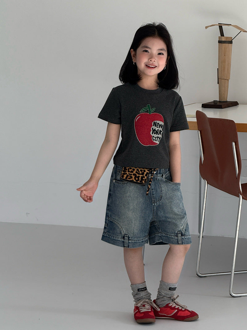 【120-160cm】復古色不規則牛仔中褲