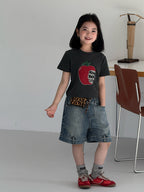 【120-160cm】復古色不規則牛仔中褲