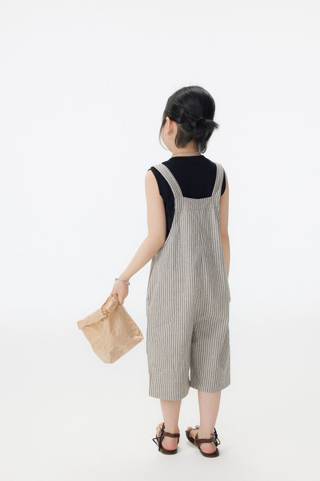 【90-150cm】日系條紋七分吊帶褲