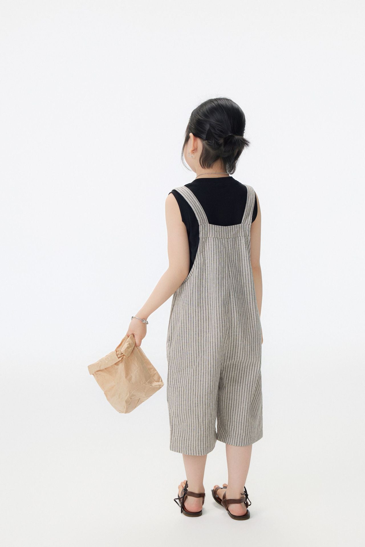 【90-150cm】日系條紋七分吊帶褲
