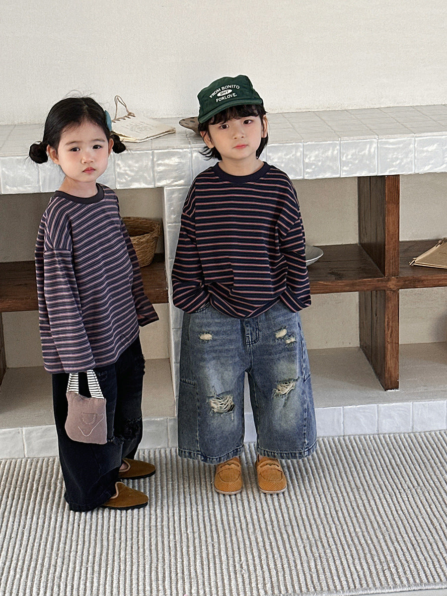 【80-140cm】撞色條紋打底衫