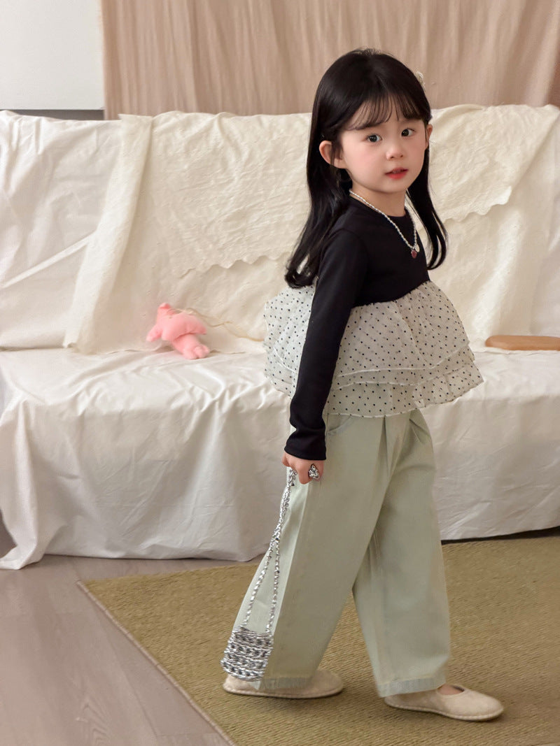 【90-140cm】(2色)波點網紗拼接公主蓬蓬裙上衣