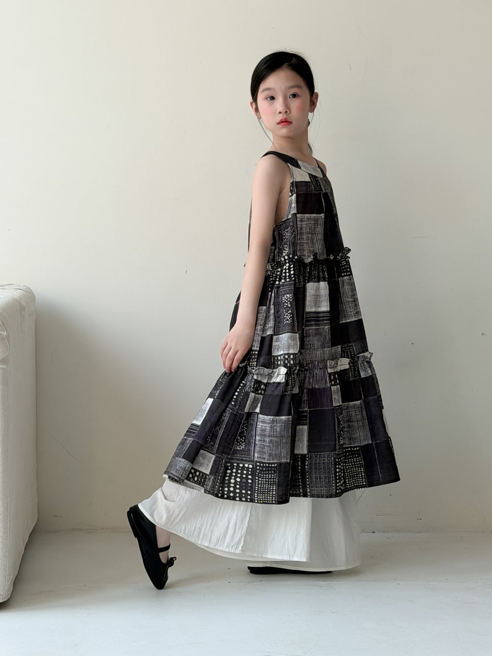 【100-160cm】韓版花邊格子掛脖連身裙