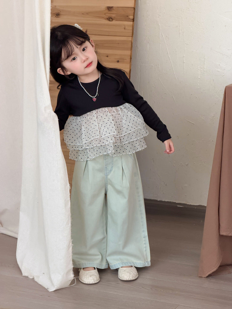 【90-140cm】(2色)波點網紗拼接公主蓬蓬裙上衣