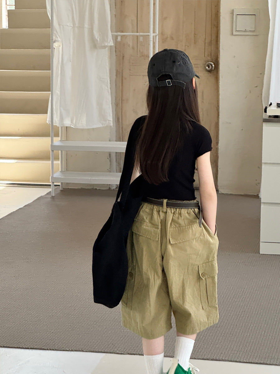 【100-150cm】卡其工裝休閒七分褲(附皮帶)