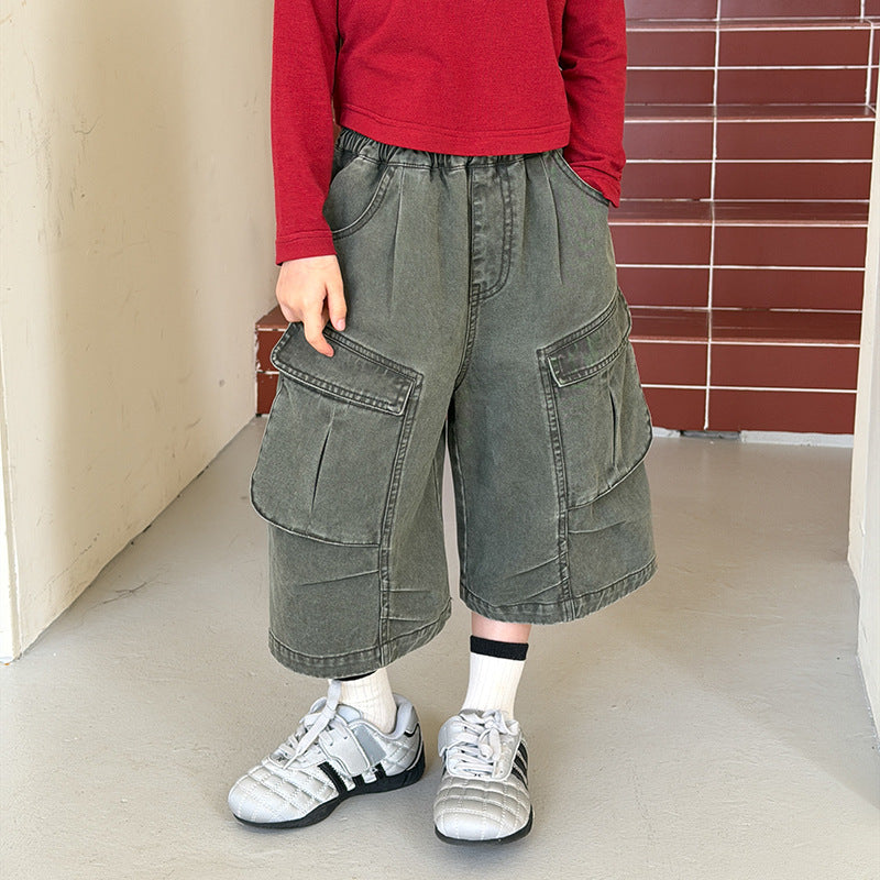 【100-170cm】個性時髦口袋工裝風七分褲
