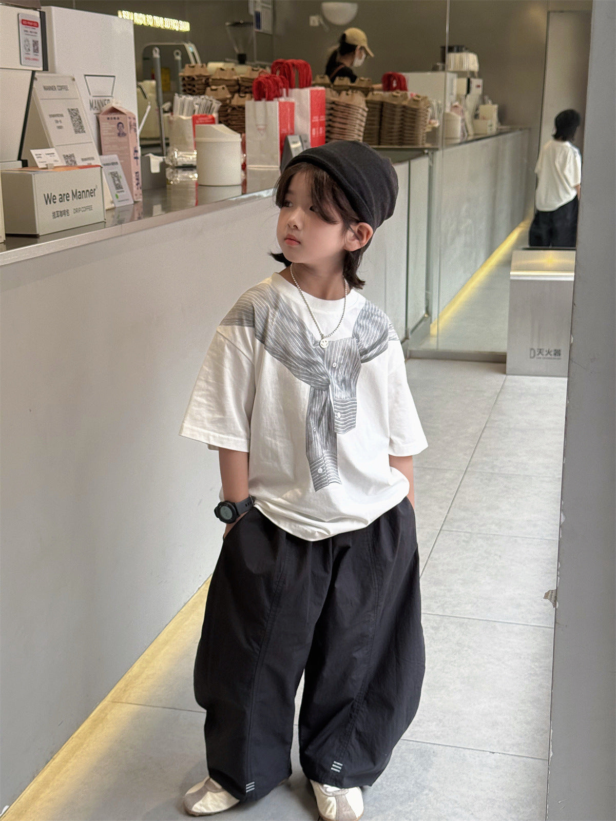 【100-160cm】學院風披肩印花寬鬆T