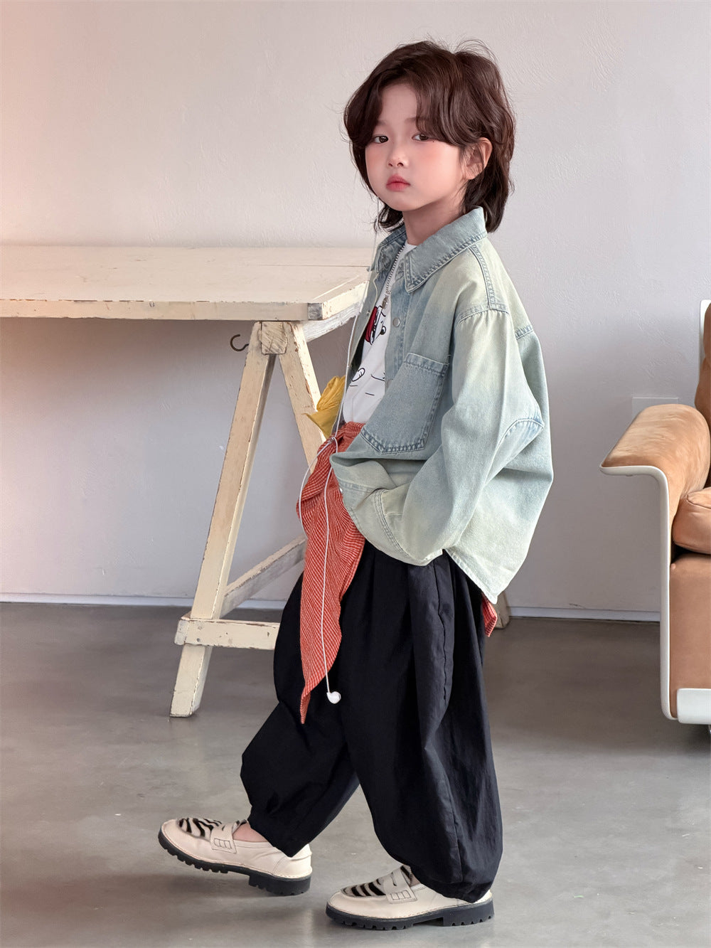 【90-150cm】韓版做舊牛仔襯衫