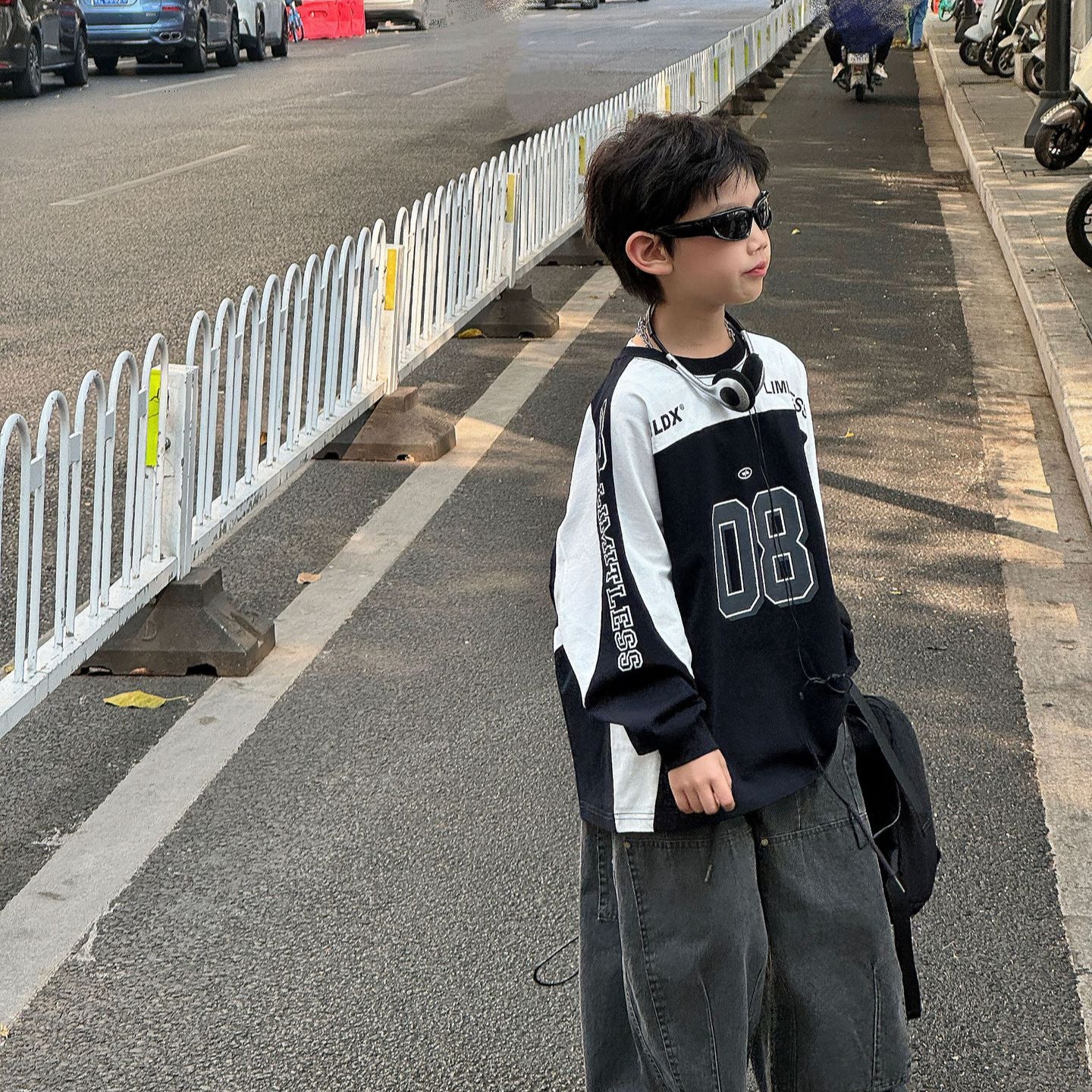 【90-160cm】帥氣街頭寬鬆撞色長袖純棉T