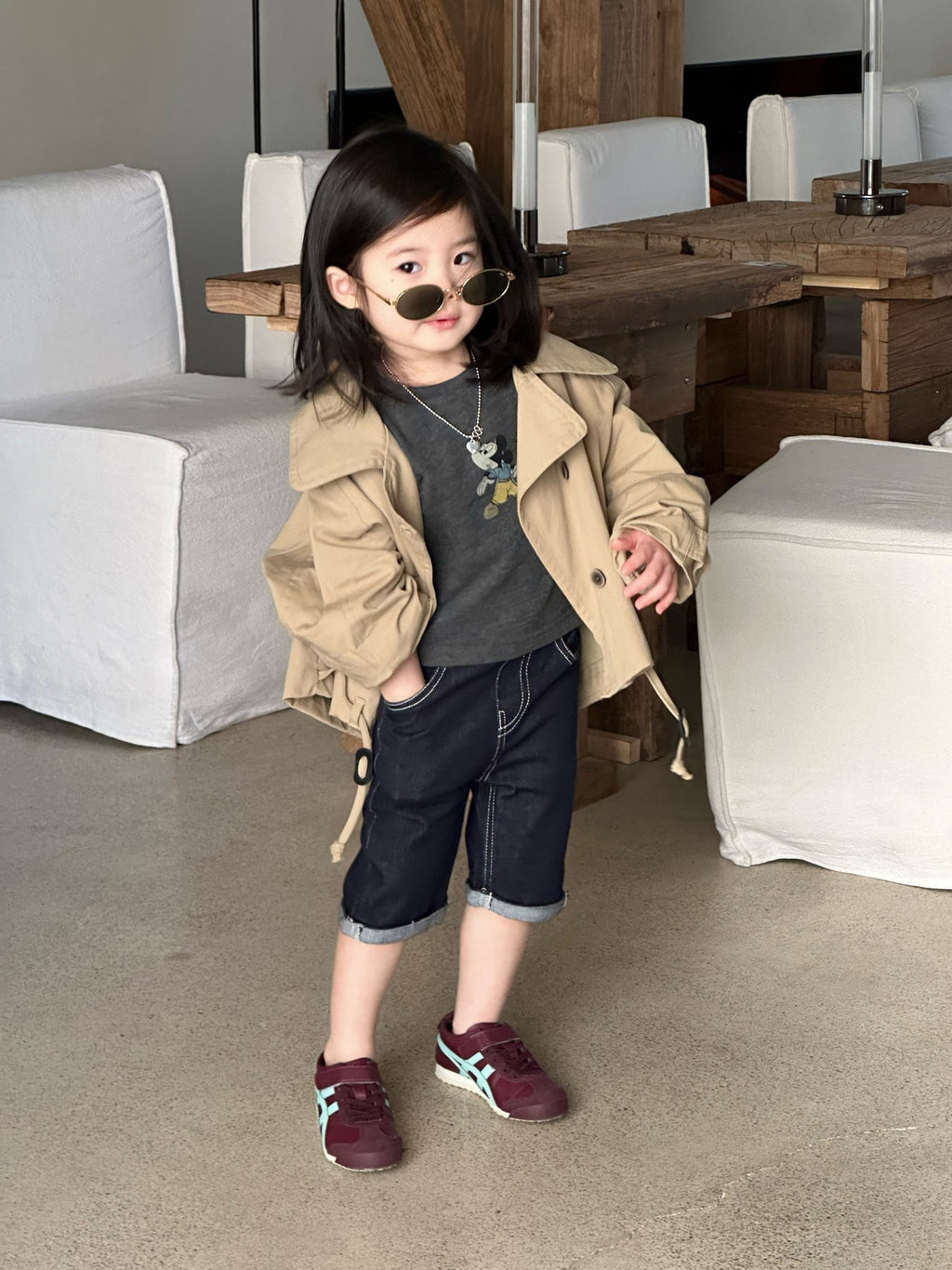 【90-140cm】大翻領短版風衣 |牛仔短褲